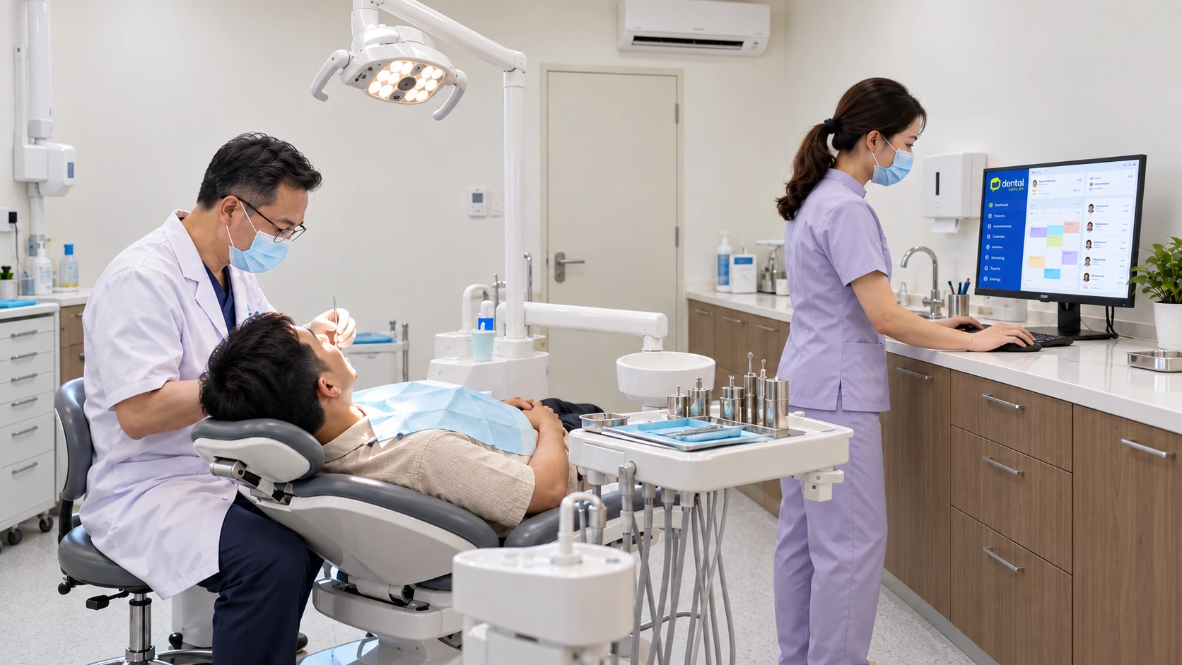 Bác sĩ điều trị cho bệnh nhân; trợ lý đứng thao tác trên máy tính ngay trong phòng điều trị, màn hình hiển thị phần mềm dental.com.vn với danh sách bệnh nhân và lịch hẹn