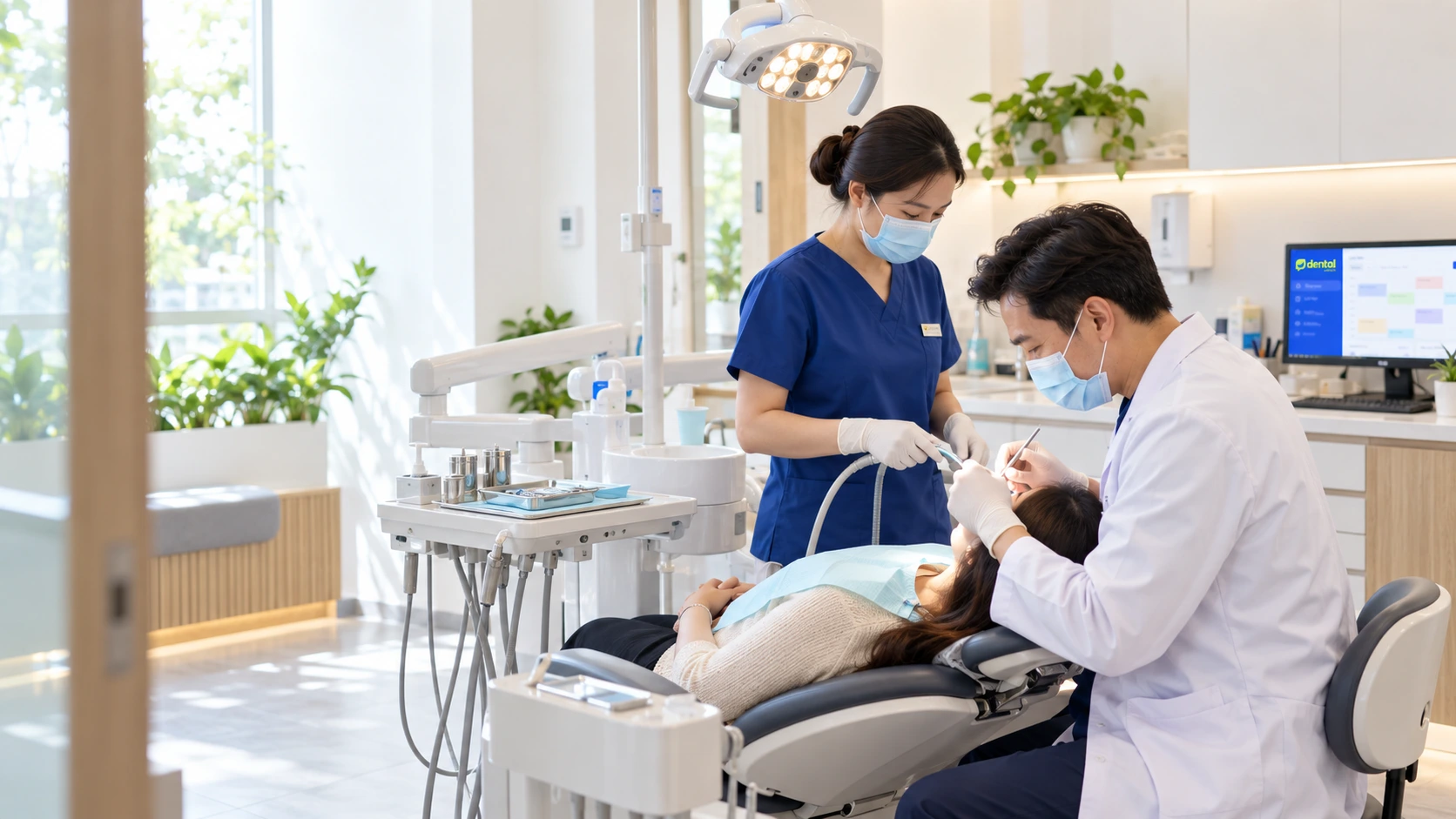 Bác sĩ điều trị cho bệnh nhân tại phòng khám; trợ lý theo dõi lịch hẹn và hồ sơ khách hàng trên máy tính, màn hình hiển thị phần mềm dental.com.vn
